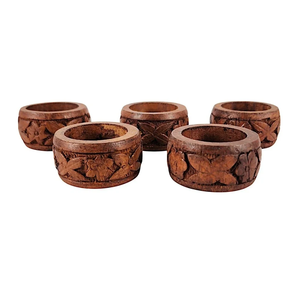 Hand Carved Dark Wood Napkin Holders Rings, Set of 5